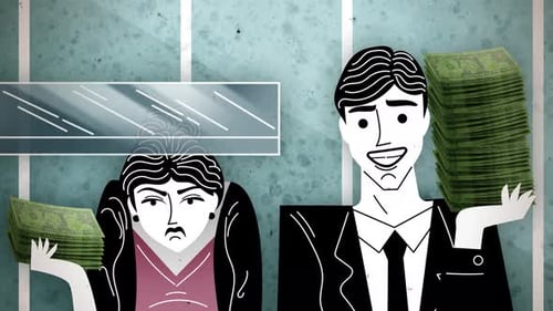 businesswoman hitting the glass ceiling while a businessman earns a higher salary