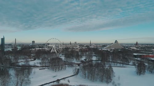 Winter Aerial View of Riga City Skyline, Ferris Wheel, Riga Castle, Old Town, Cathedral Towers