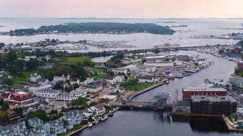 Mystic Connecticut Town & Harbor at Sunset by Aerial Drone Aerial