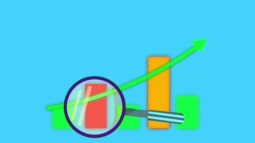 Magnifying Glass Inspecting Bar Chart with Growing Line Graph