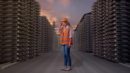 Vista lateral de una ingeniera asiática que tiene dolor de cabeza mientras trabajaba en Aluminum Stock