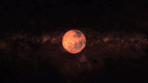 Animation of Mars planet seen from galaxy in space, Asteroids Cloud and cosmos, stars milky. 1190