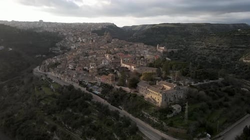 Aerial view of Ragusa Ibla at sunset in Sicily, Italy.