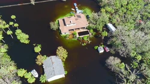 Flooded Houses By Hurricane Ian Rainfall in Florida Residential Area