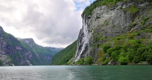 Geiranger fjord, waterfall Seven Sisters. Beautiful Nature Norway natural landscape.