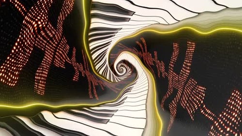 Abstract Music Tunnel with Swirling Piano Keys and Dynamic Equalizer