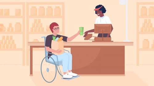 Customer in Wheelchair Pays Cashier Flat Design Character Animation