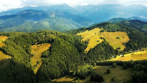 Aerial drone view of the Carpathians in Romania. Mountain and hill slopes covered with lush forest,