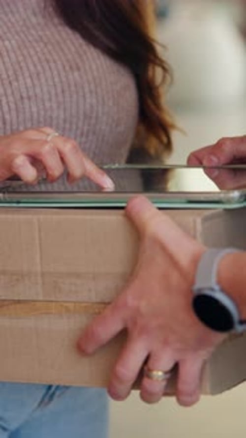 Customer, signature or hands with tablet for delivery box, door order or courier service in home