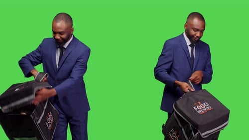 Takeout Male Worker Wearing Business Suit on Camera