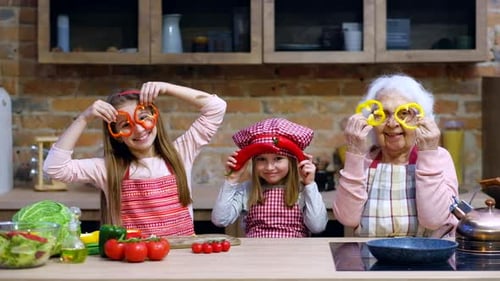 Granny with Children at Home Kitchen