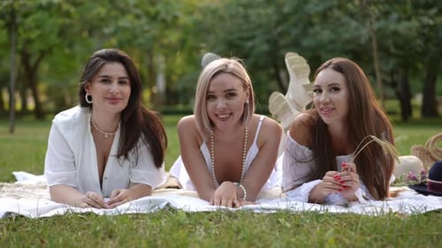 Friends Lying on Blanket in Park Smiling