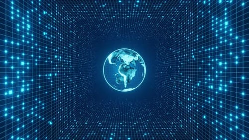 Animated Digital Grid Tunnel with Rotating World Globe