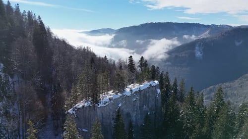Aerial view of serene mountain forest with mist-filled valleys and clear blue skies