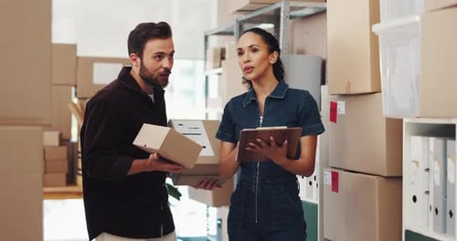 People, talk and boxes on tablet of small business for inventory, online order