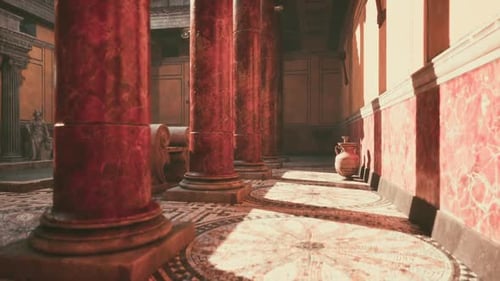 Exploring an Ancient Roman Interior with Detailed Columns and Mosaics