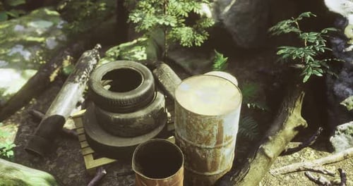 Abandoned Rusted Objects in Natural Forest Environment 3D Animation