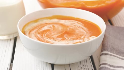 Roasted butternut squash soup. To serve soup in bowls add bacon and cream