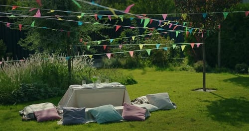 Backyard Picnic Party Celebration with Colorful Flags