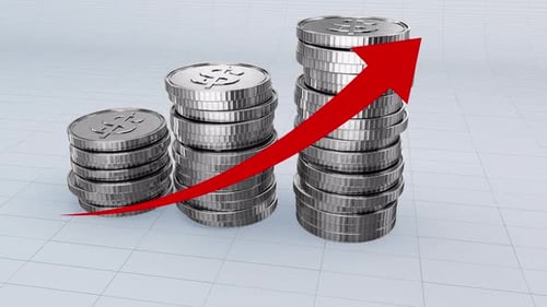 3D Animated Dollar Coin Stacks with Red Growth Arrow Chart