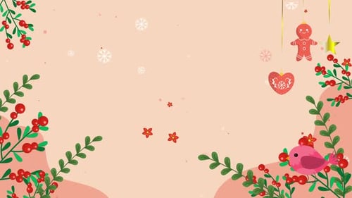 Cute Flat Design Christmas Background with Holly and Flying Bird
