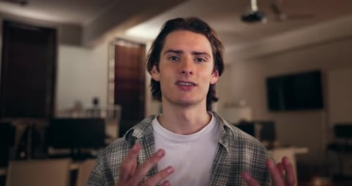 Man, talking and face in video call for remote work, online or virtual communication with internet