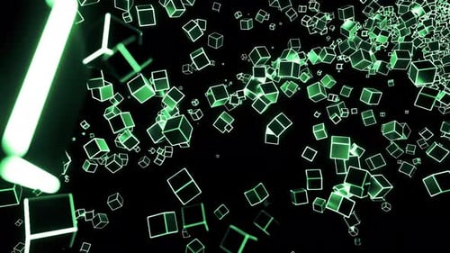 Abstract flow of cube silhouettes with white and green edges on a black background