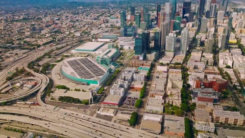 Modern city downtown los angeles. Travel aerial view of urban los-angeles buildings.