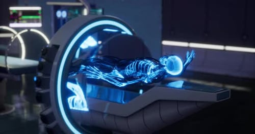 Futuristische Ansicht eines holographischen Skeletts in einer Hightech-Klinik