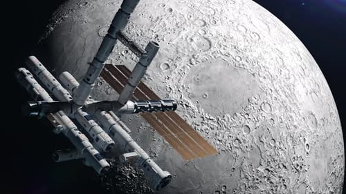 eine Raumstation, die den Mond umkreist. Das Konzept der Untersuchung der Planeten und Satelliten der Sonne s