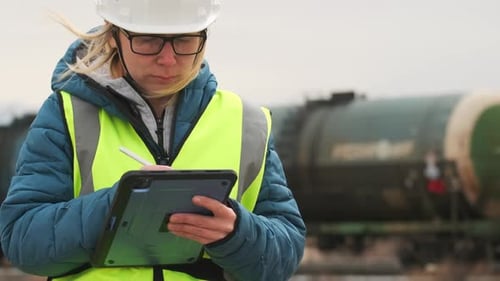 Inspector woman wearing white hardhat and safety vest holding tablet, checking progress