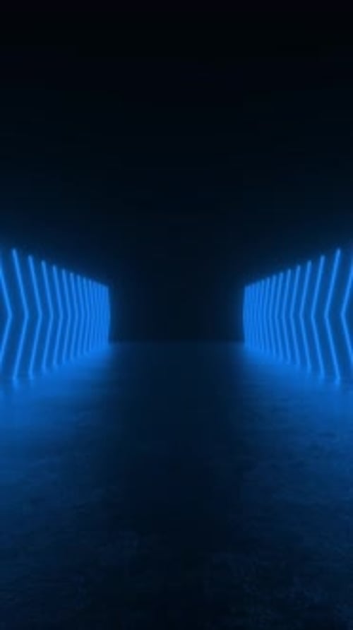 Blue neon tubes create a tunnel of lights
