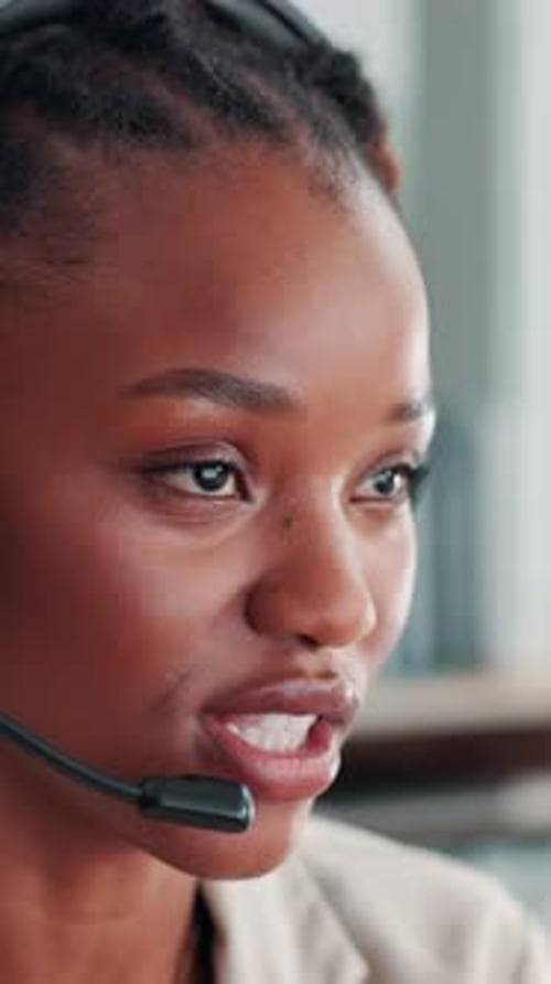 Headset, black woman and customer service agent in office with communication