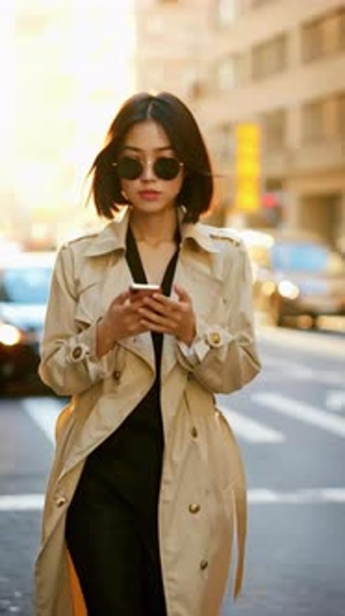 Confident Young Woman in Trench Coat Walks and Uses Smartphone on Sunny City Street