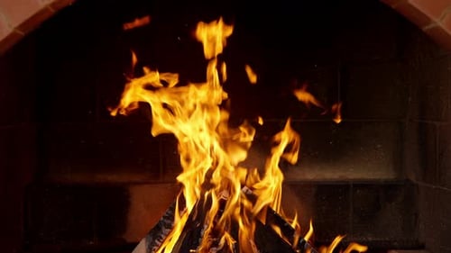 Roaring Fire Burning Wood in Brick Fireplace