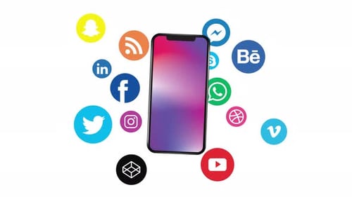 Animação de telefone com ícones de mídia social
