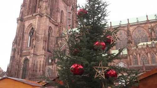looking up at a christmas tree with giant red ornaments in front of Strasbourg Cathedral Festive Chr