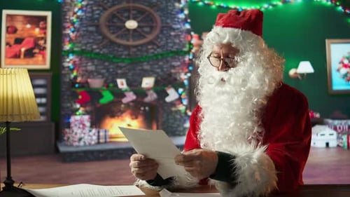 Santa Claus Reading Letter by Fireplace