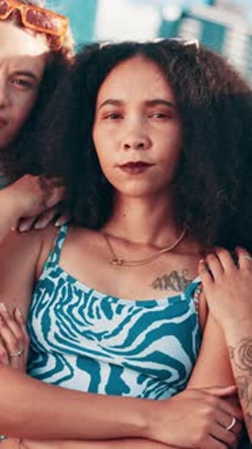 City, people and face of friends for fashion, trendy clothes and confidence with sunglasses for gen