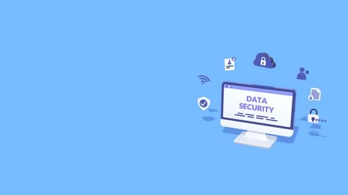 Moniteur animé avec sécurité des données. Animation sur les concepts de cybersécurité et de confidentialité.