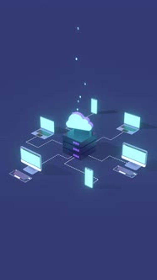 Cloud Computing Animation with Data Storage and Tech Concepts. Vertical video format.