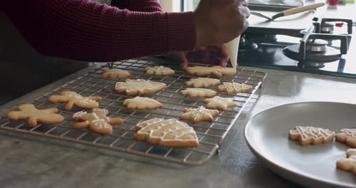 On entering frame, baker's hands are decorating leaf and fir cookies with icing lines for serving