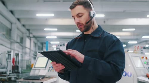 In headphones, with tablet. Factory worker is indoors with hard hat.