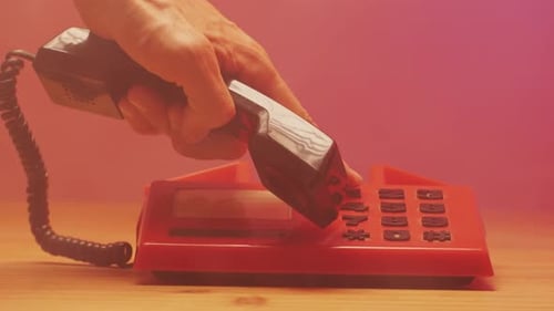Red Retro Vintage Phone Telephone Ringing Off on Table Close Up Macro 90s Mobile Retro Smartphone