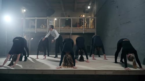 Wide Shot Concentrated Theater Director Leading Rehearsal As Young Actors and Actresses Walking with