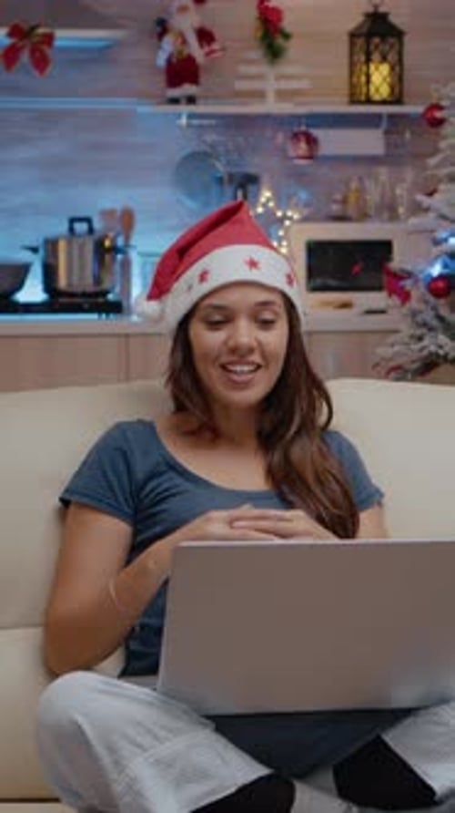 Vertical Video Woman Using Video Call Communication on Laptop