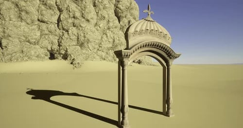 Intricate Archway Stands Alone in Vast Desert Landscape Under Clear Sky