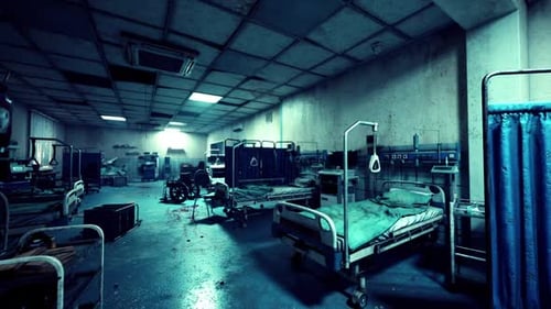 Abandoned and Destroyed Hospital Interior with Rusted Beds and Debris