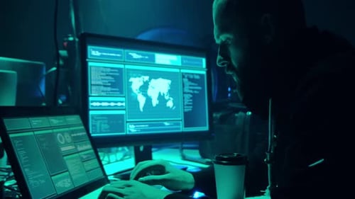 Des pirates informatiques recherchés codant un virus et un ransomware à l'aide d'ordinateurs portables et d'ordinateurs dans le cadre d'une cyberattaque