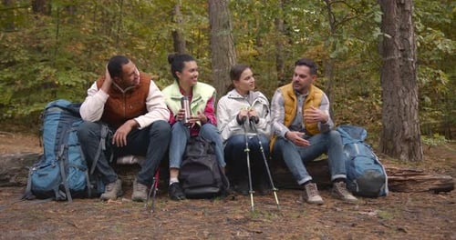 Group of Friends Hikers Having Break in Autumn Forest